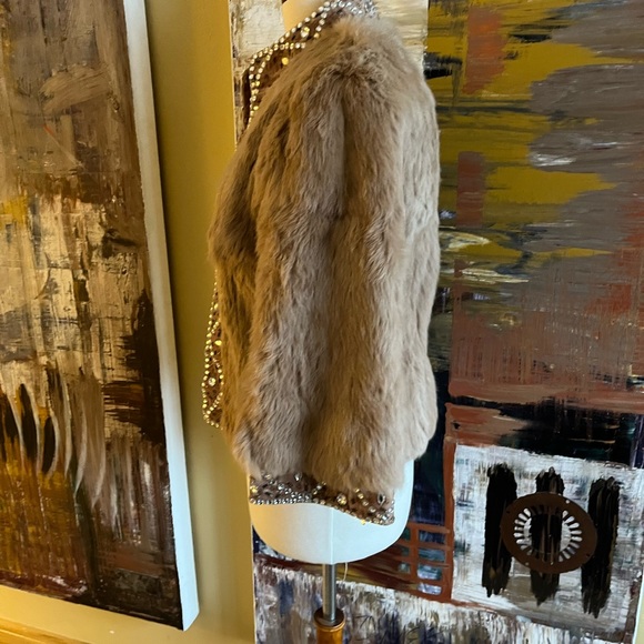 Sheri Bodell Cropped Rhinestone Rabbit Fur Jacket Coat sz M 3/4 Sleeves - Picture 3 of 10